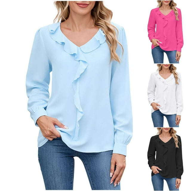 Blusas para mujer,Blusa plisada con cuello en V para mujer, camisa informal holgada de manga larga, detalle de volantes, ideal para uso diario y en casa, sopatenor