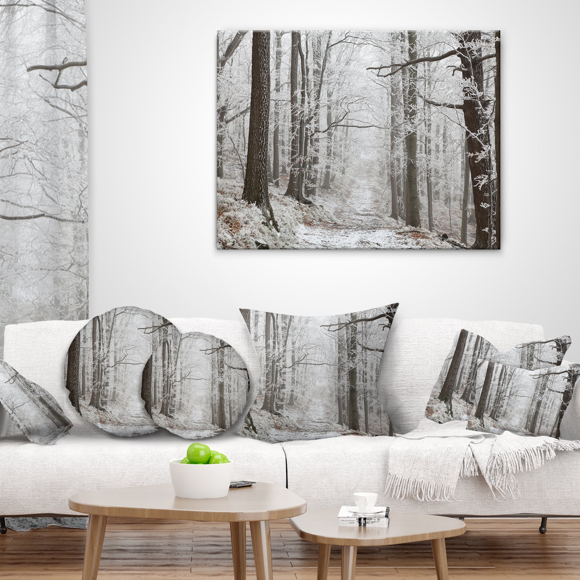 Designart Forest Trail on Winter Morning - Forest Throw Pillow - 18x18