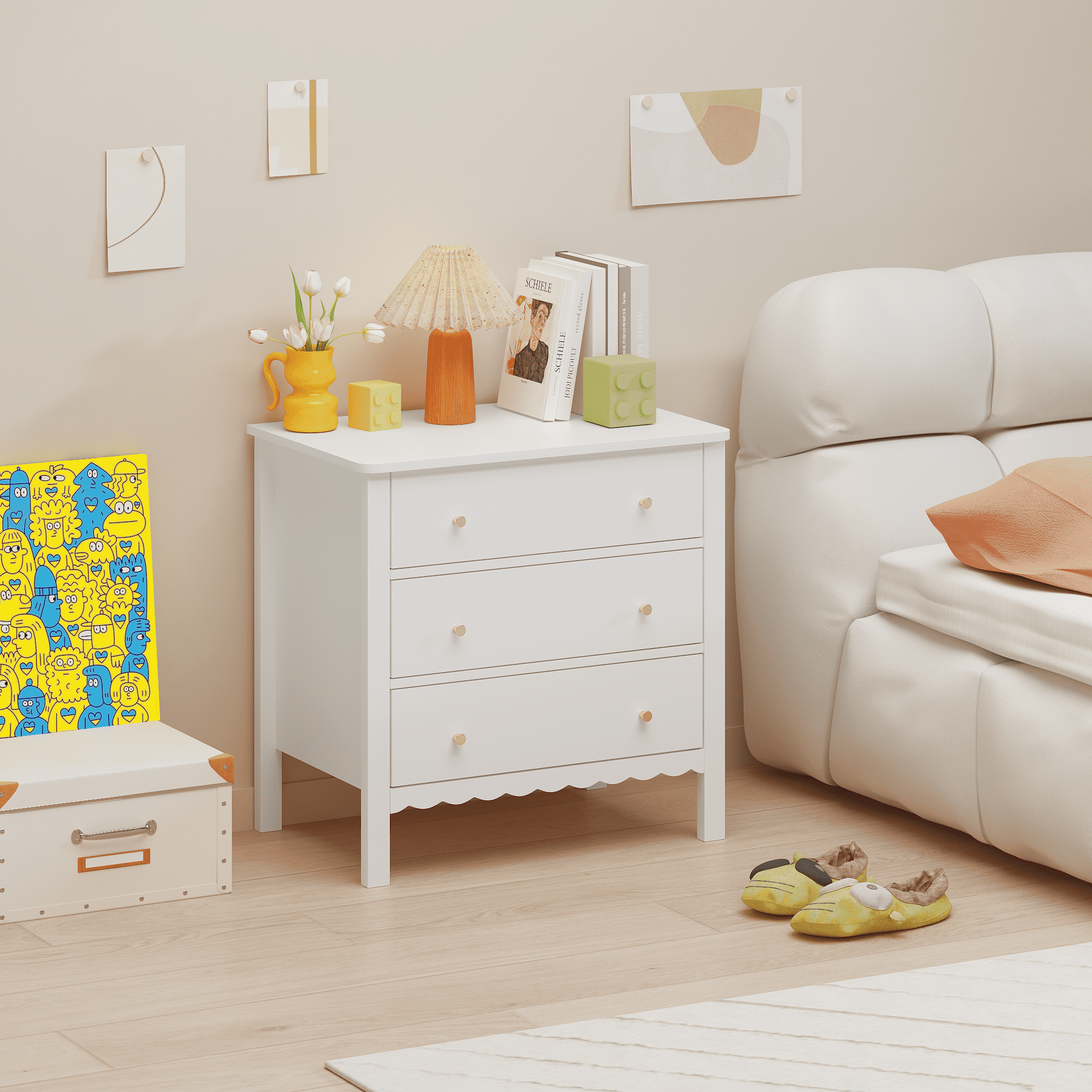 White 3 Drawer Dresser for Bedroom, Modern MDF Painted Chest of Drawers with Gold Knobs, Wooden Storage Cabinet for Kids, Nursery, Living Room or Entryway