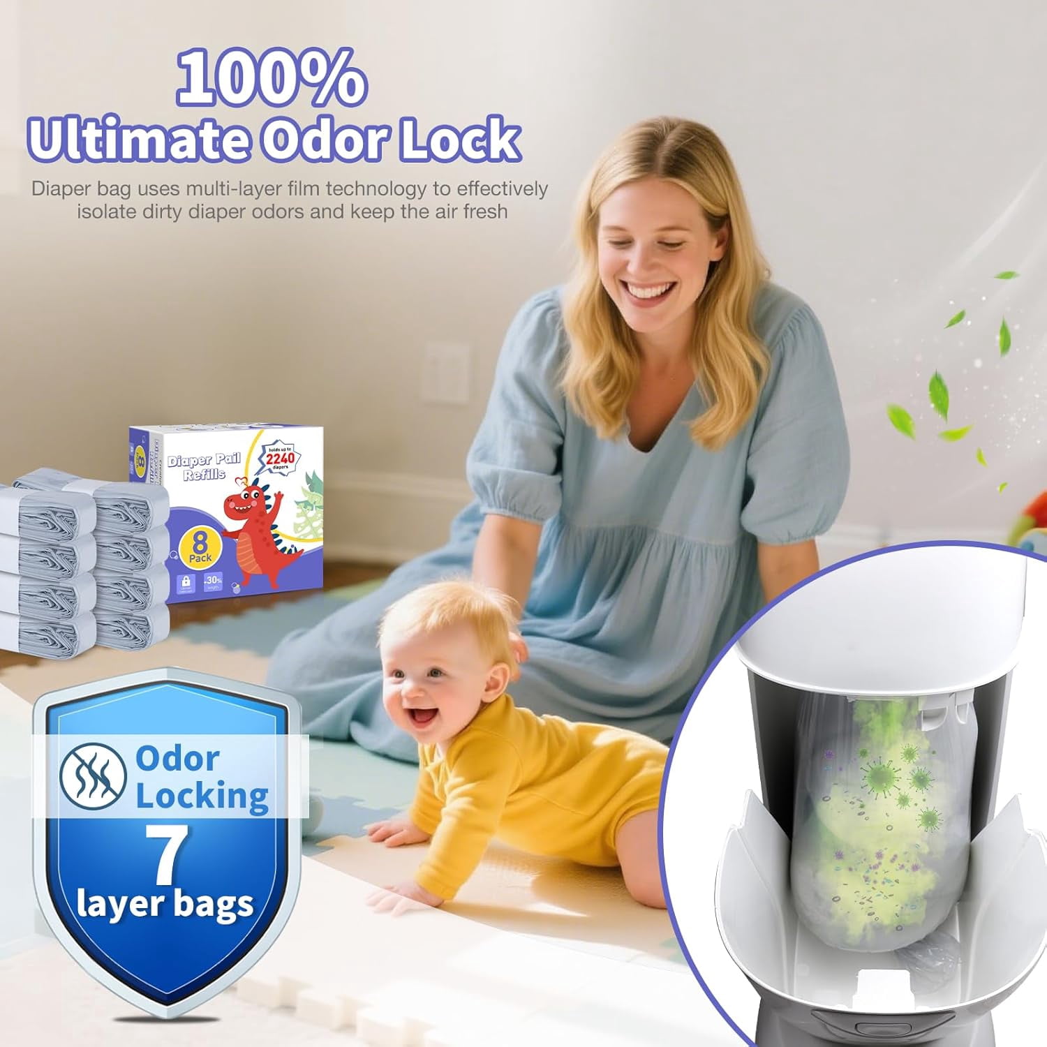 Diaper Pail Refill Bags 8 Pack Upgraded Odor Control Diaper Disposal Bag Compatible with All Diaper Trash Can, Compact Pail, Pails Diaper Pail Refills