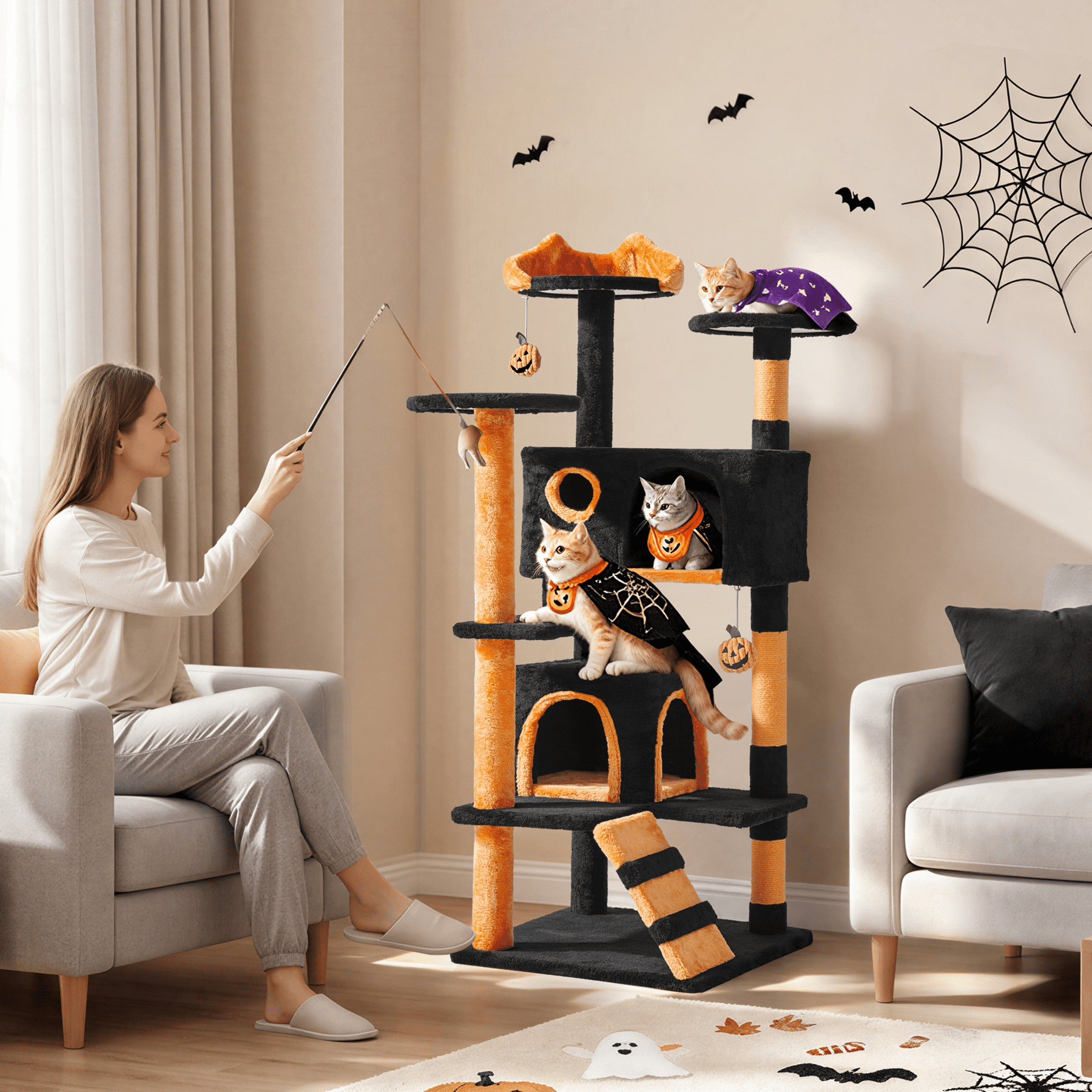 Alden Design 54″ Tall Cat Tree with 3 Scratching Posts, Black/Pumpkin Orange