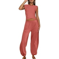 Summer Plus Size Two Piece Outfits for Women Fashion V Neck Short Sleeve Blouse Loose Pockets Pants Sets