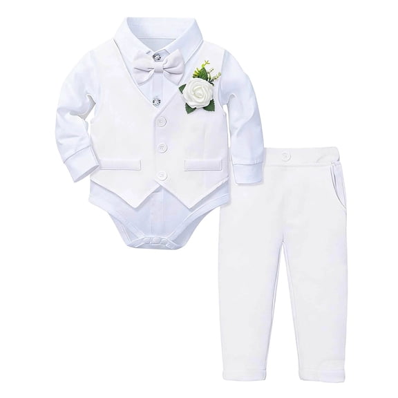 Quealent Baby Boy Suits Infant Gentleman Outfit Collared Shirt Vest Tie Corsage Pants 5Pcs Baptism Wedding Sets for 0-24 Months (White, 3-6 Months)