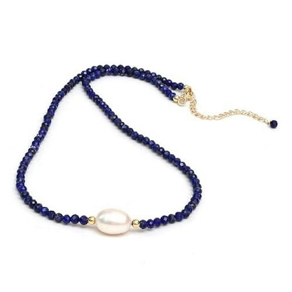 Lapis Lazuli Beaded Necklace with Freshwater Pearl Choker Style Jewelry September Birthstone Handmade Jewelry Gifts Hypoallergenic 18 Inch Gold Plated Lightweight Gemstone Crystal