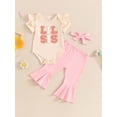 thumbnail image 2 of Bagilaanoe 3pcs Newborn Baby Girl Pants Set Letter Short Sleeve Romper Tops + Flare Trousers + Headband 3M 6M 12M 18M Infant Casual Clothes, 2 of 7