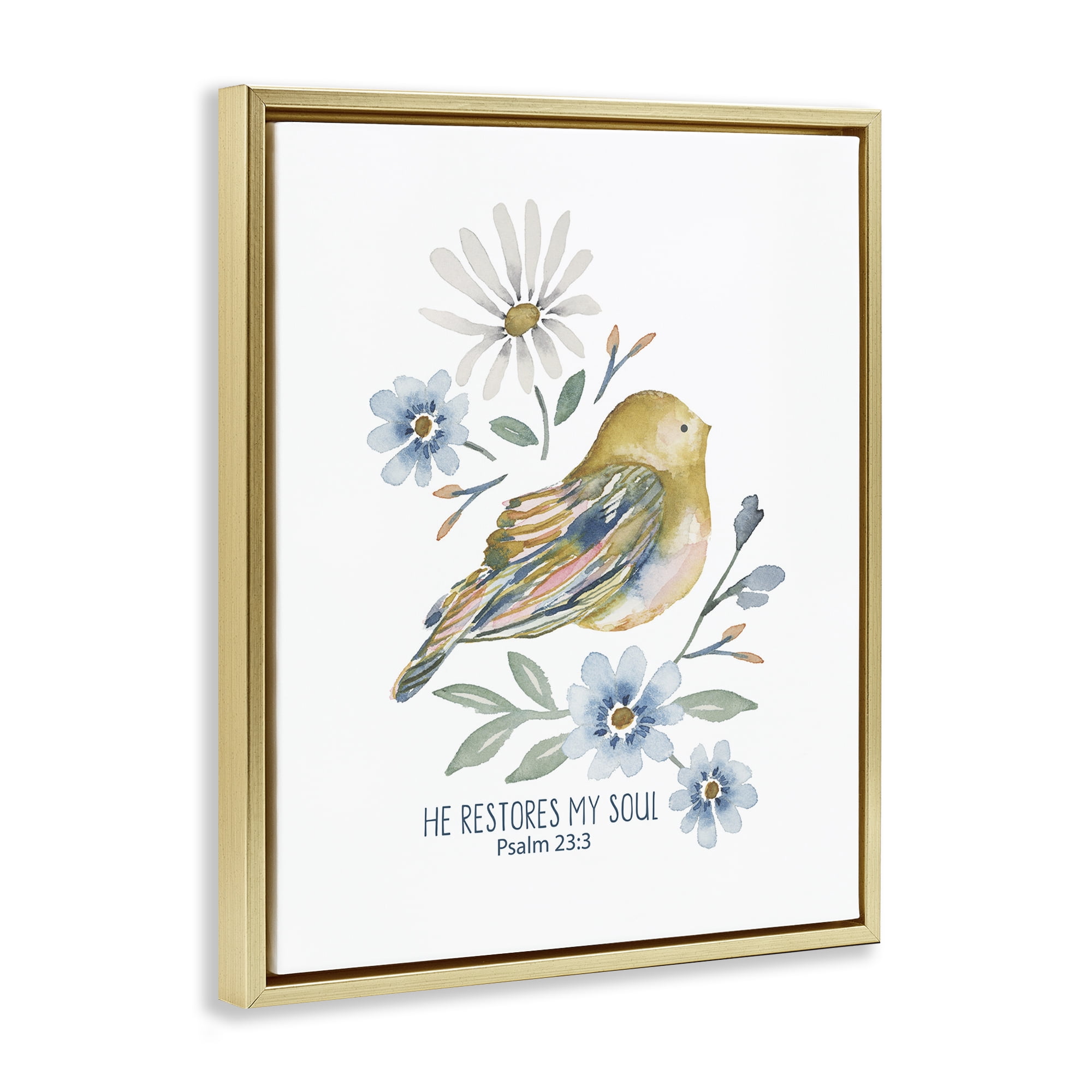 Stupell Industries He Restores My Soul Botanical & Floral Painting Gold Floater Framed Art Print Wall Art, 17 x 21