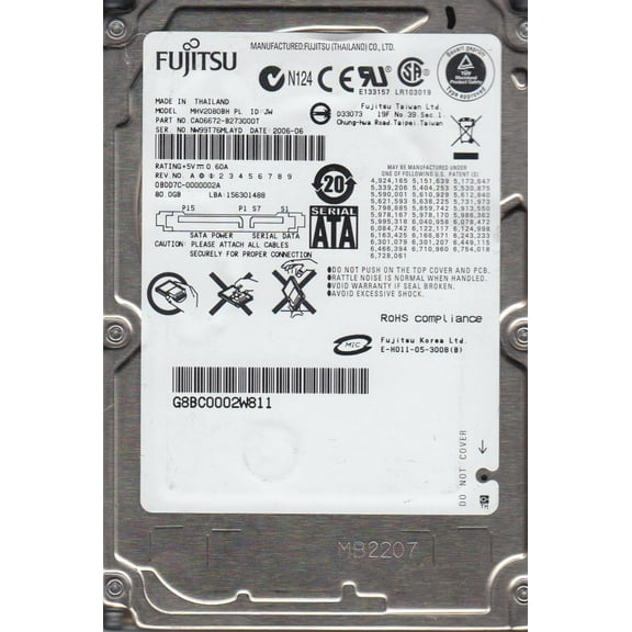 MHV2080BH PL, PN CA06672-B273000T, Fujitsu 80GB SATA 2.5 Hard Drive