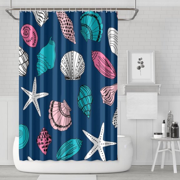 Rustic Coastal Shower Curtain with Seashells 72x72 Inch, Waterproof Polyester Bath Curtain for Bathroom with Hooks
