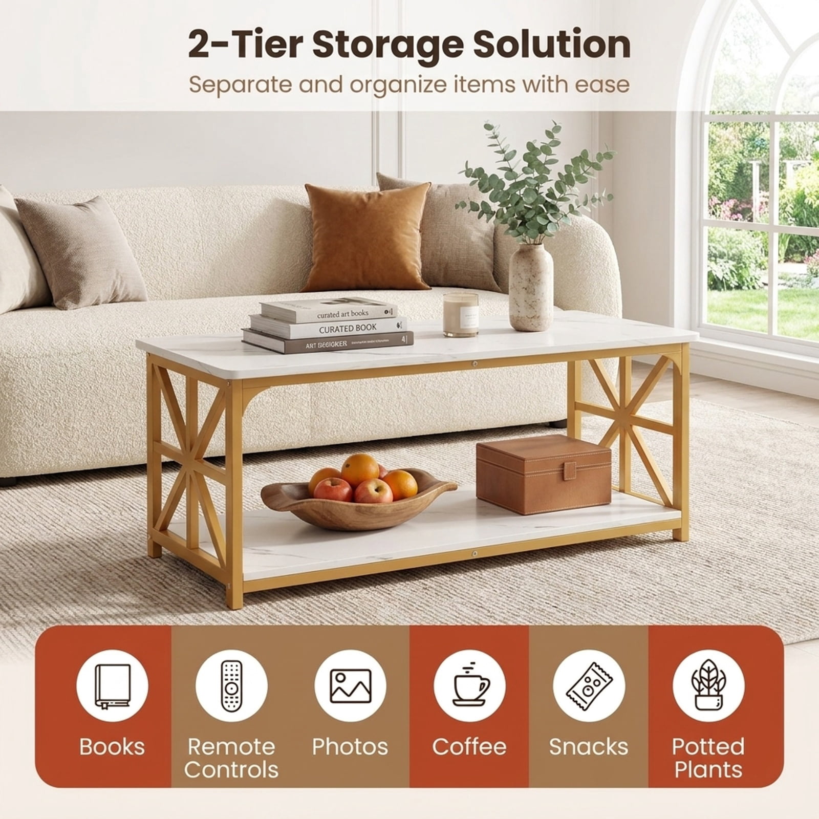 Furnibear 2-Tier Modern Center Coffee Table with Bottom Storage Shelf and Gold X-Accent Carbon Steel Frame for Living Room, White