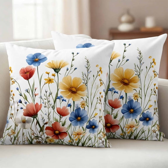 Pack of 2 Outdoor Pillow Covers 16x16 Inch Waterproof Red Blue Yellow Spring Floral Throw Pillow Covers,Decorative Couch Pillow Case Sham Blooming Summer Botanical Patio Pillowcases Cushion Cover
