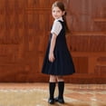 thumbnail image 3 of Gytharion Kids School Uniform Jumper Dresses for Girls 3-15 Years, Stylish Short Sleeve Lapel Top Sleeveless Dress with Necktie 3 Piece Sets Teen Girls Flowy A-Line Pleated Knee Length Dresses, 3 of 4