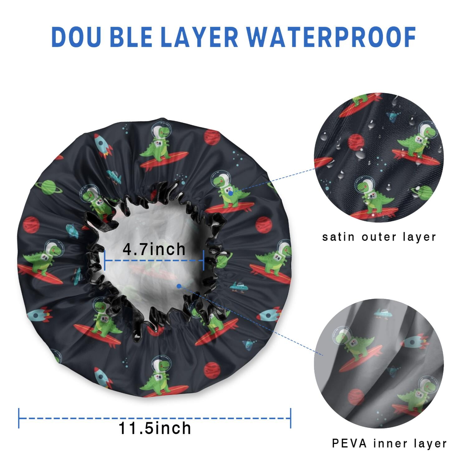Shower Caps,Black Dinosaurs Space Surfing Pattern Waterproof Shower Cap for Women 4 Pieces,Double Reusable Hair Cover for Shower PEVA Elastic Stretch Hem