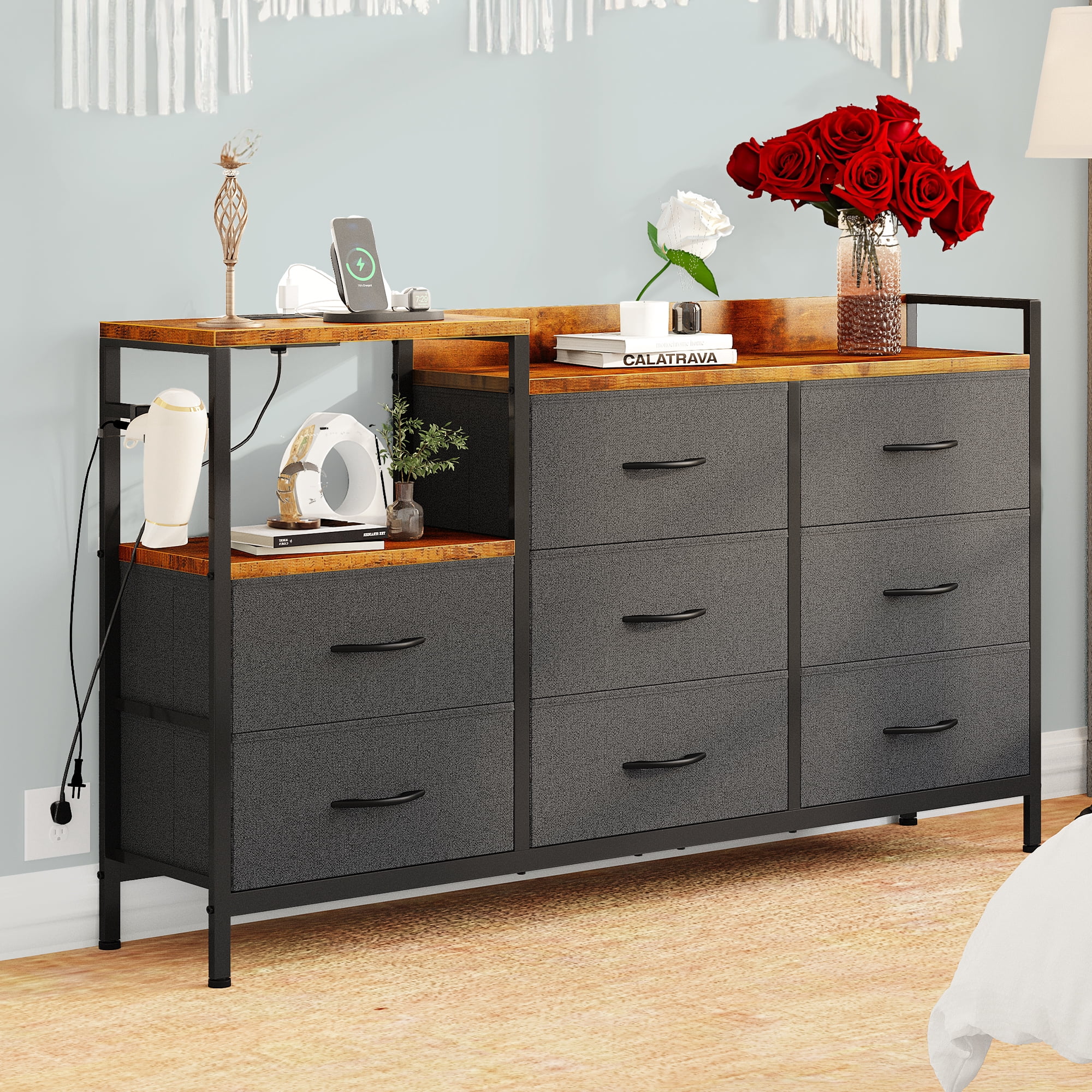 Uforic 8 Drawers Wide Wooden Top Dresser with Charge Station for Closet, Living Room, Hallway, Gray