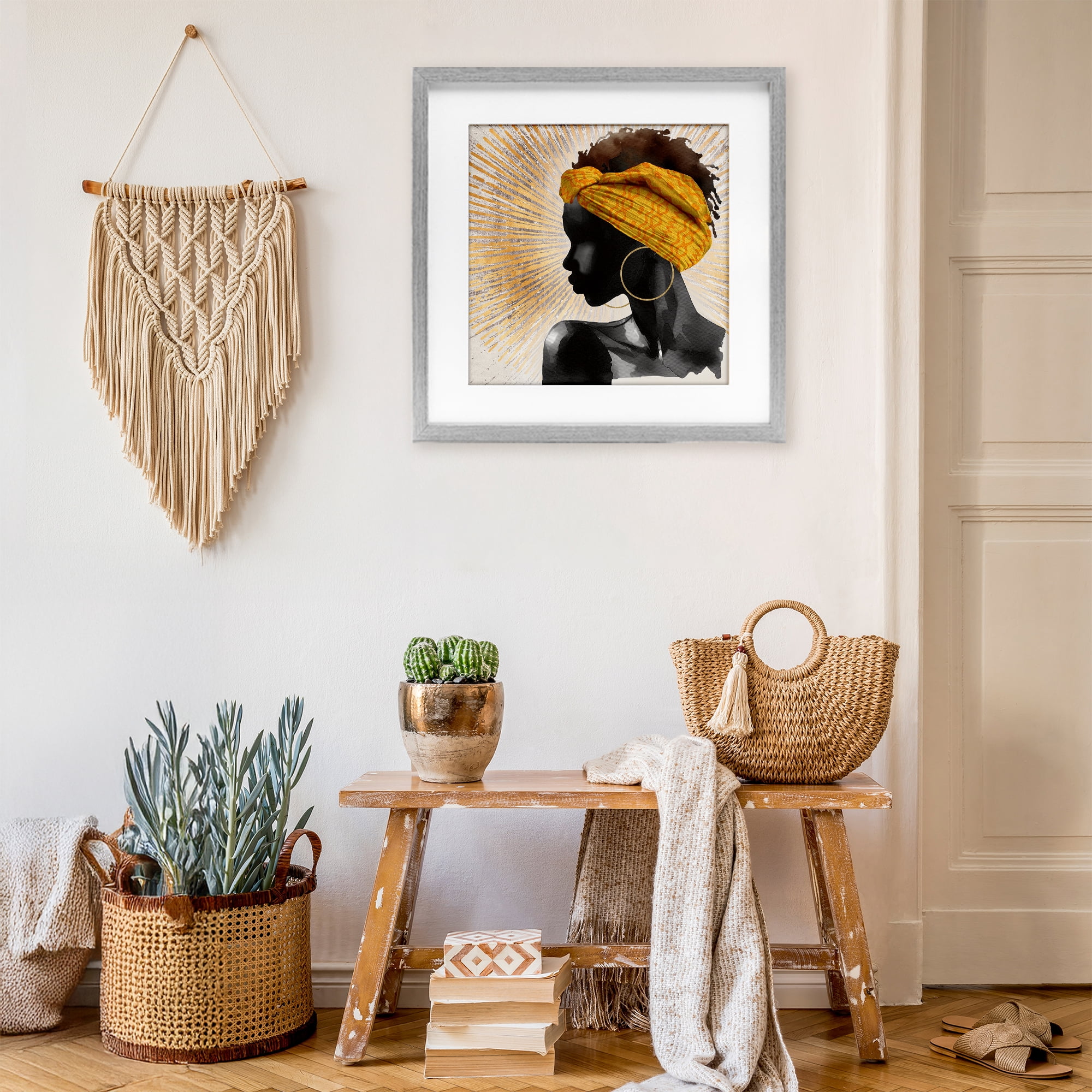 Stupell Industries Golden Sunburst Profile with Headwrap Gray Framed Print Under Glass, design by CAD Designs