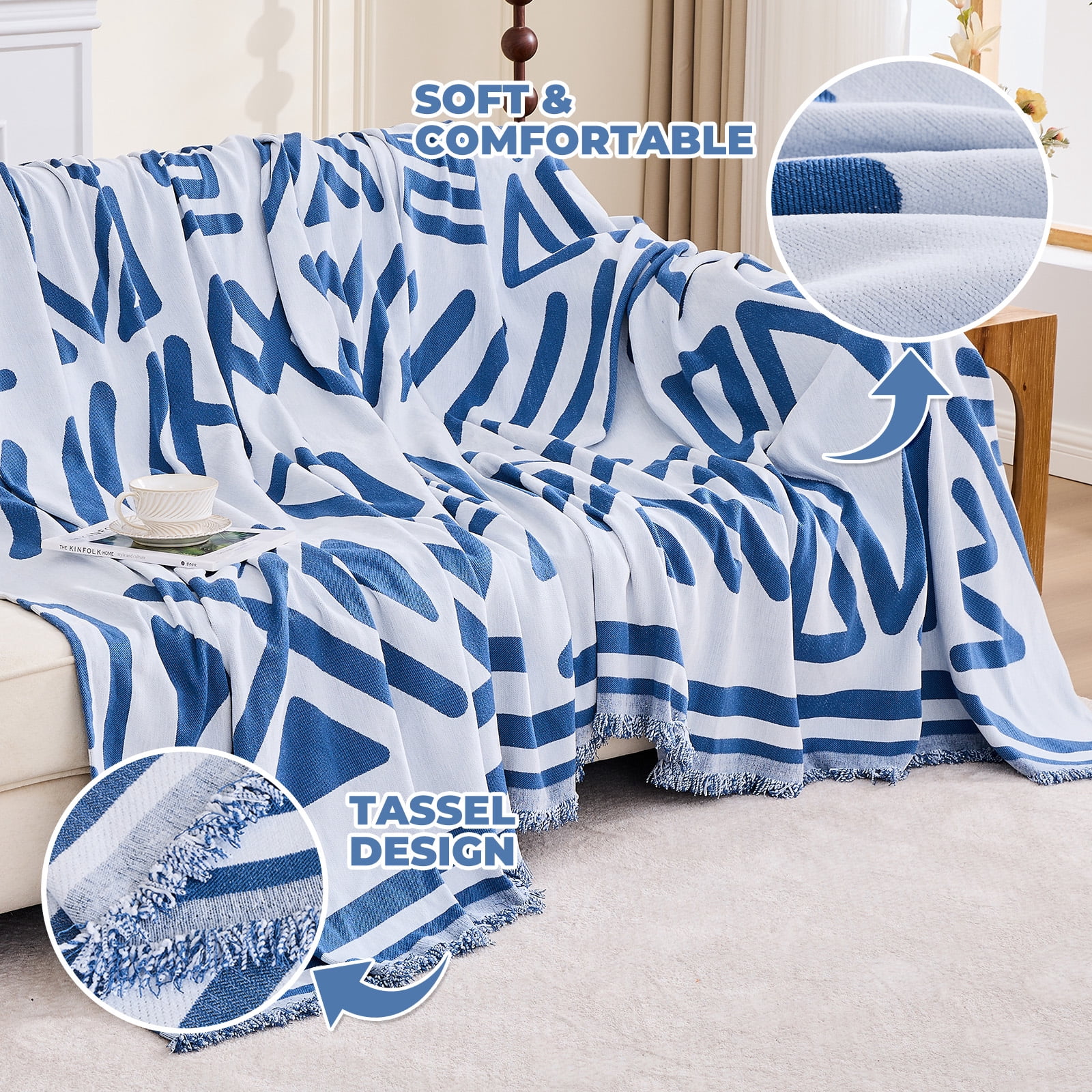 Sanmadrola Boho Sofa Cover Chenille Couch Covers Blanket Furniture Protector for Sectional Sofa, Anti Slip Couch Covers for 2 Cushion Couch, Washable Slipcover for Dog (Blue, 71"x102")