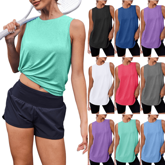 Gamivast Women's Long Tunic Tank Tops Sleeveless Workout Shirts Crew Neck Curved Hem Athletic Yoga Activewear Loose Fit Casual Layering Everyday Wear Lounge Top Green L