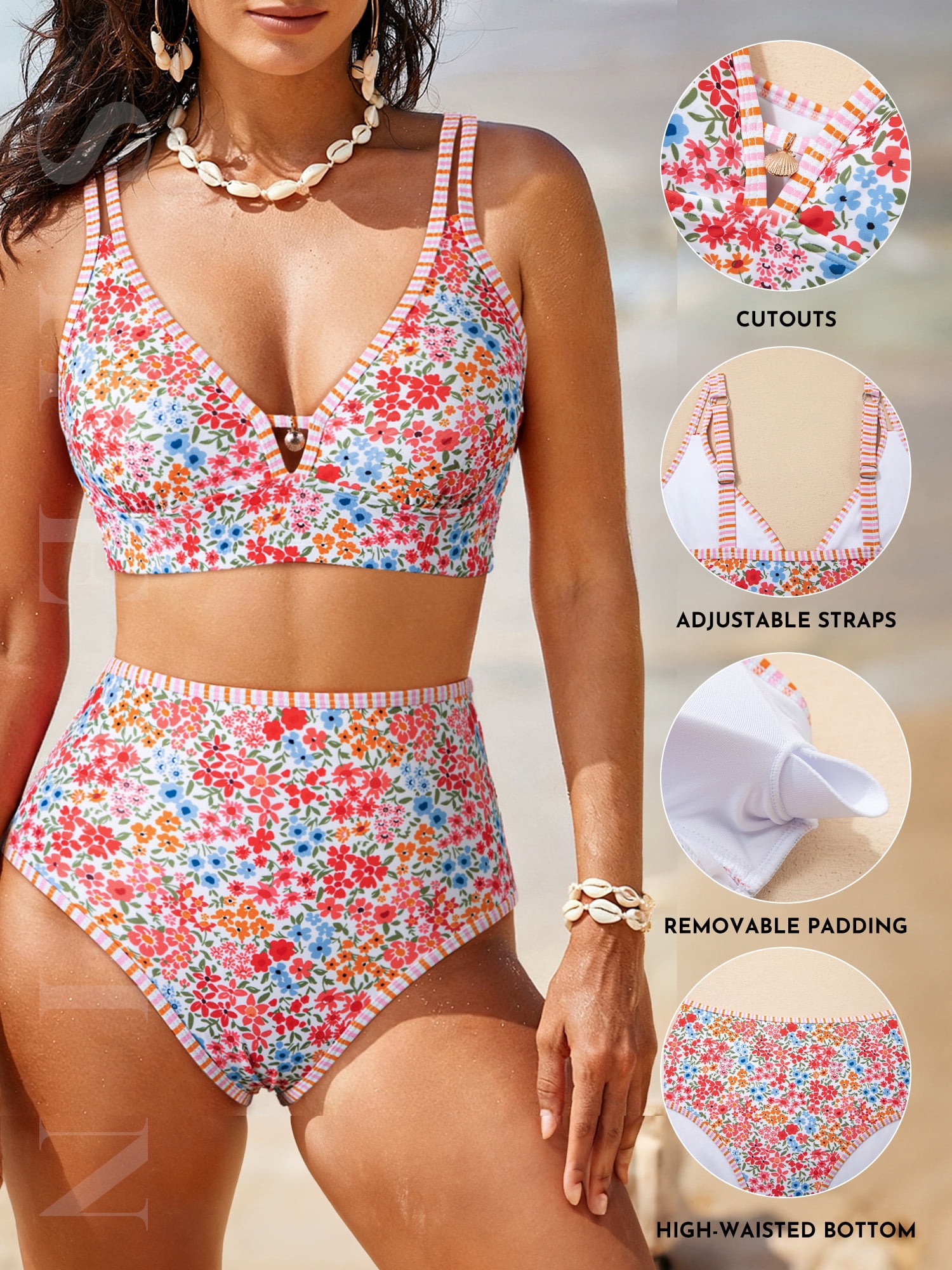 SHEWIN Womens Swimsuits Sets Bikinis Sets 2 Piece Tummy Control Bathing Suits High Waisted Swimwear Floral Swimming Suits Push Up Beach Vacation Outfits Mixed Floral L