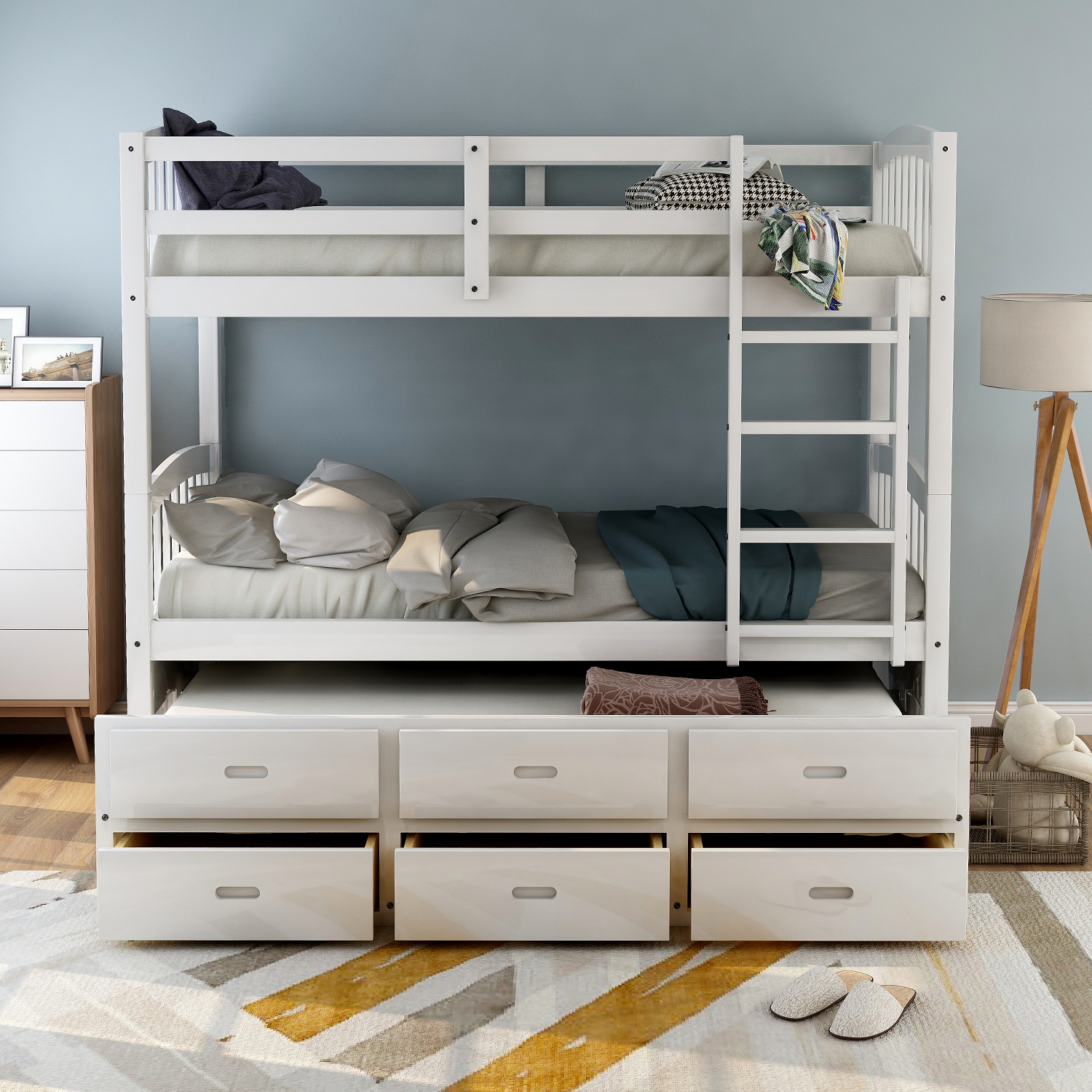 Euroco Twin Over Twin Wood Bunk Bed with Trundle and Drawers, White - image 2 of 13