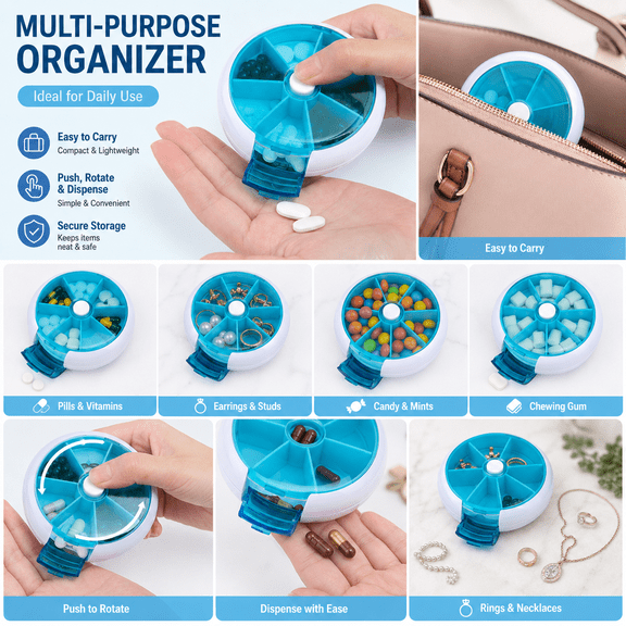 7-Day Rotary Button Pill Organizer - Round Plastic Medicine Storage Box, Daily Pill Dispenser for Vitamins/Supplements/Medications, Easy-to-Use,Colorful,3.54in/9cm