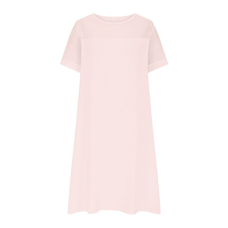 ITSAME Women's Midi Dress, Short Sleeve Cotton Linen Crew Neck Summer  A-Frame Dressy Dresses Pink 3XL
