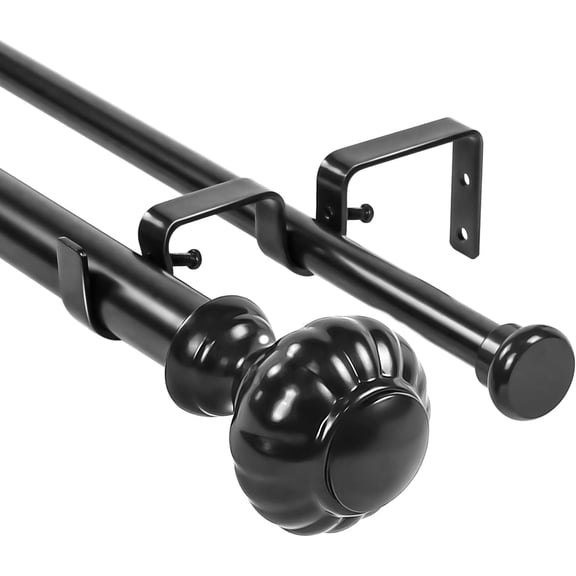 Urbanest Adjustable Double Curtain Rod Set Door Knob Flat Button Finials – 1″ Front & 5/8 Back Rod With Black Rod, 28–48 Inches