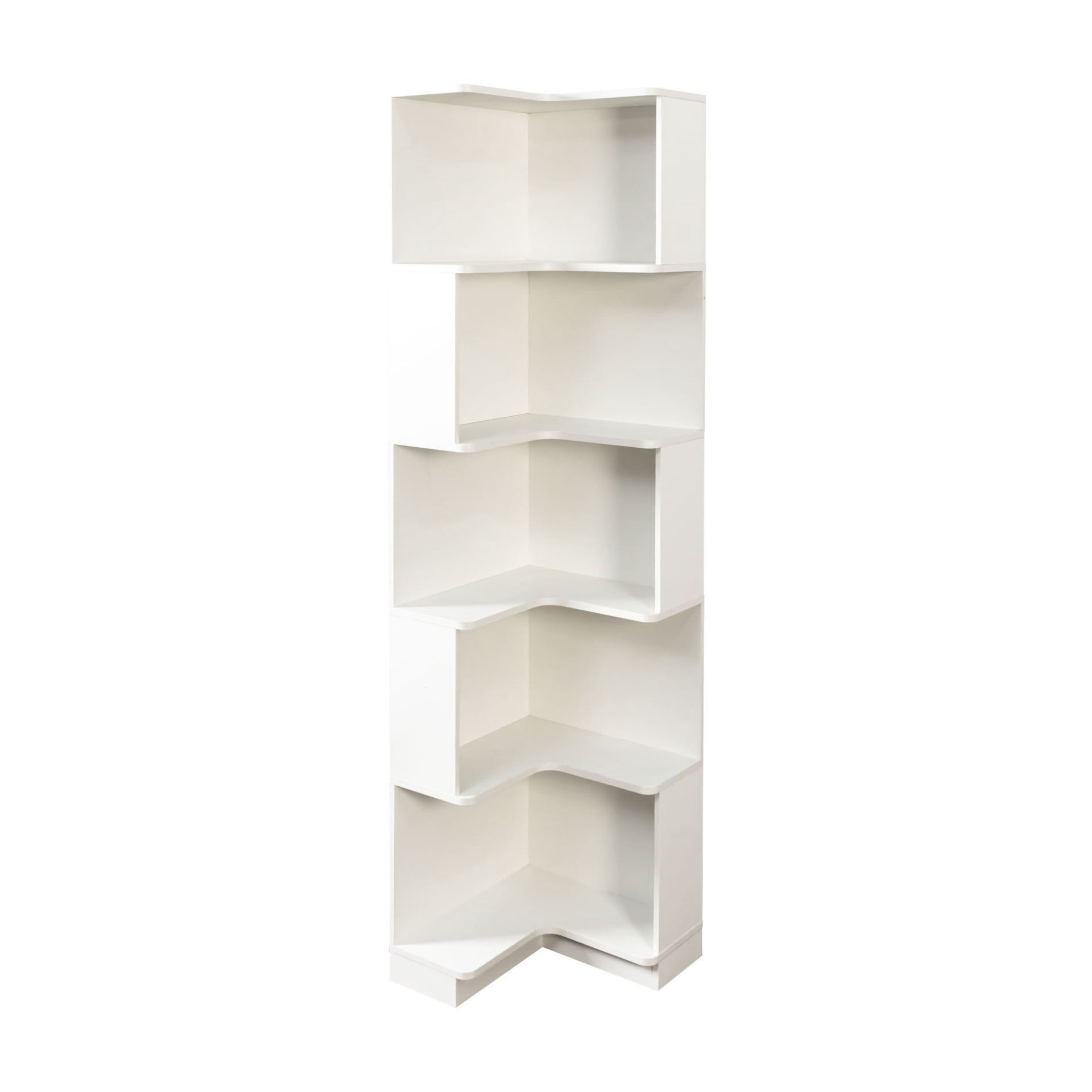 5 Tier Corner Bookshelf with LED Lights, L-Shaped Corner Shelf Stand, Space Saving Bookcase with Baffle, Freestanding Display Storage Rack for Living Room, Bedroom, Home Office, White