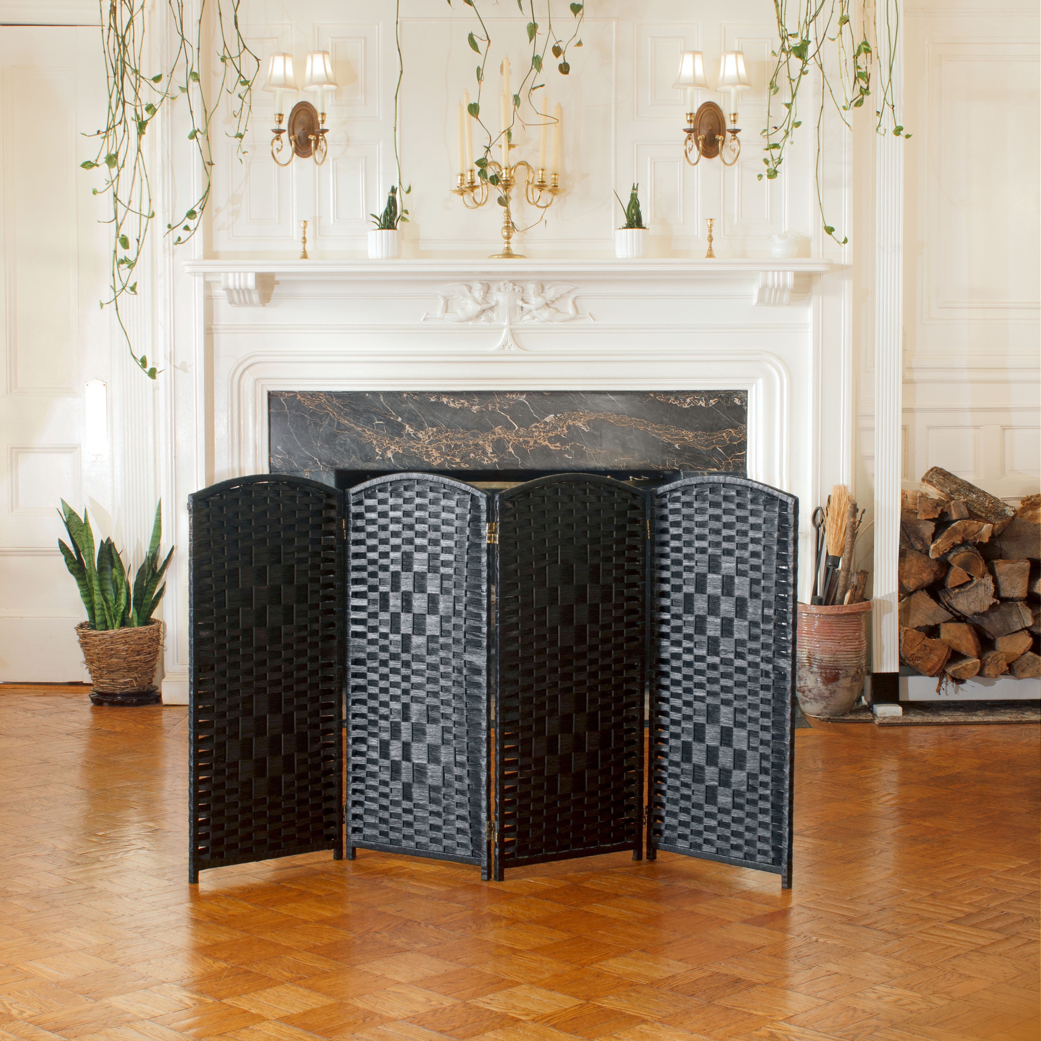 3 ft. Short Diamond Weave Fiber Room Divider Black 4 Panel