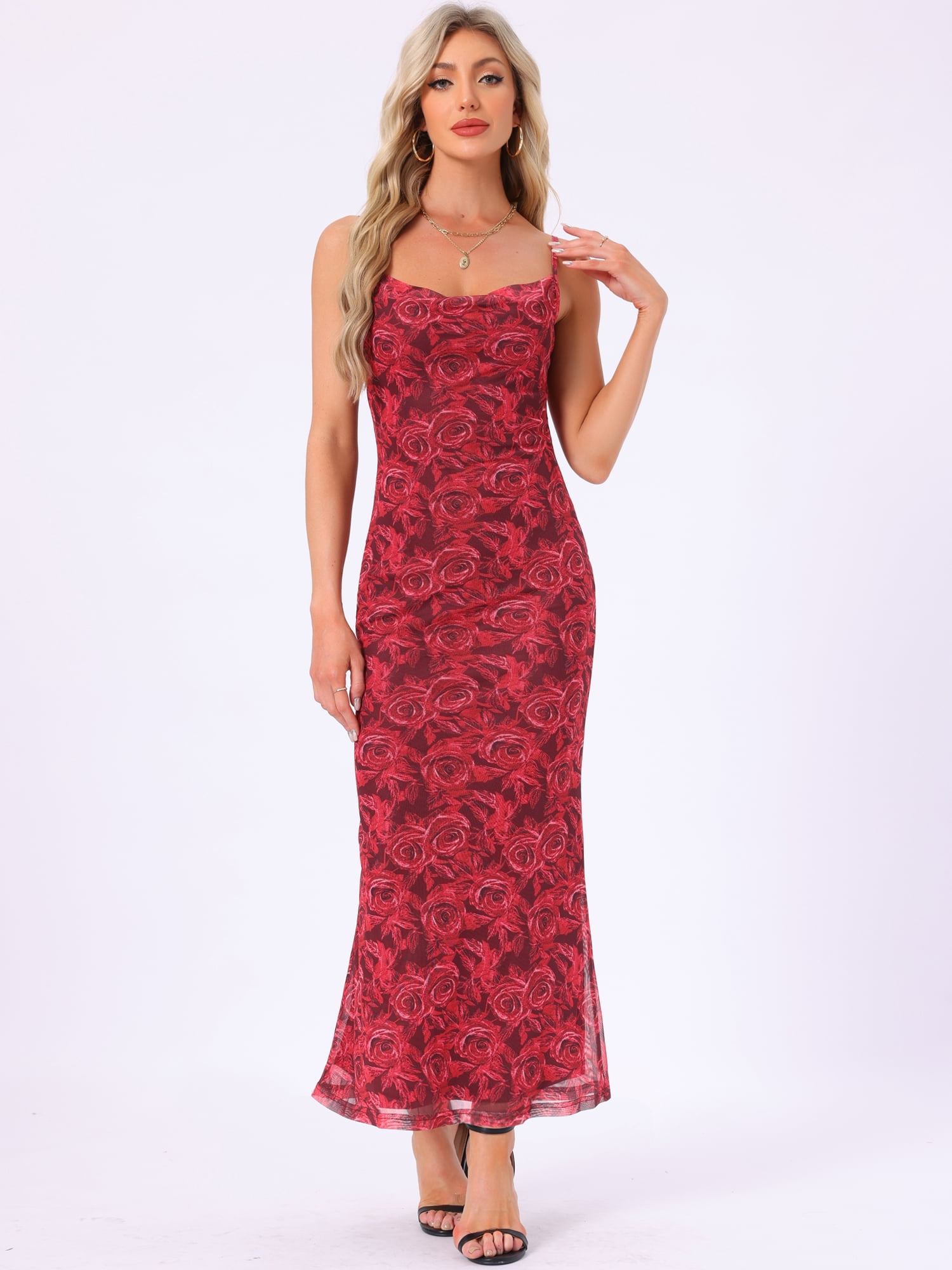 DARING DIVA Floral Maxi Spaghetti Strap Bodycon Dress S Wine Red