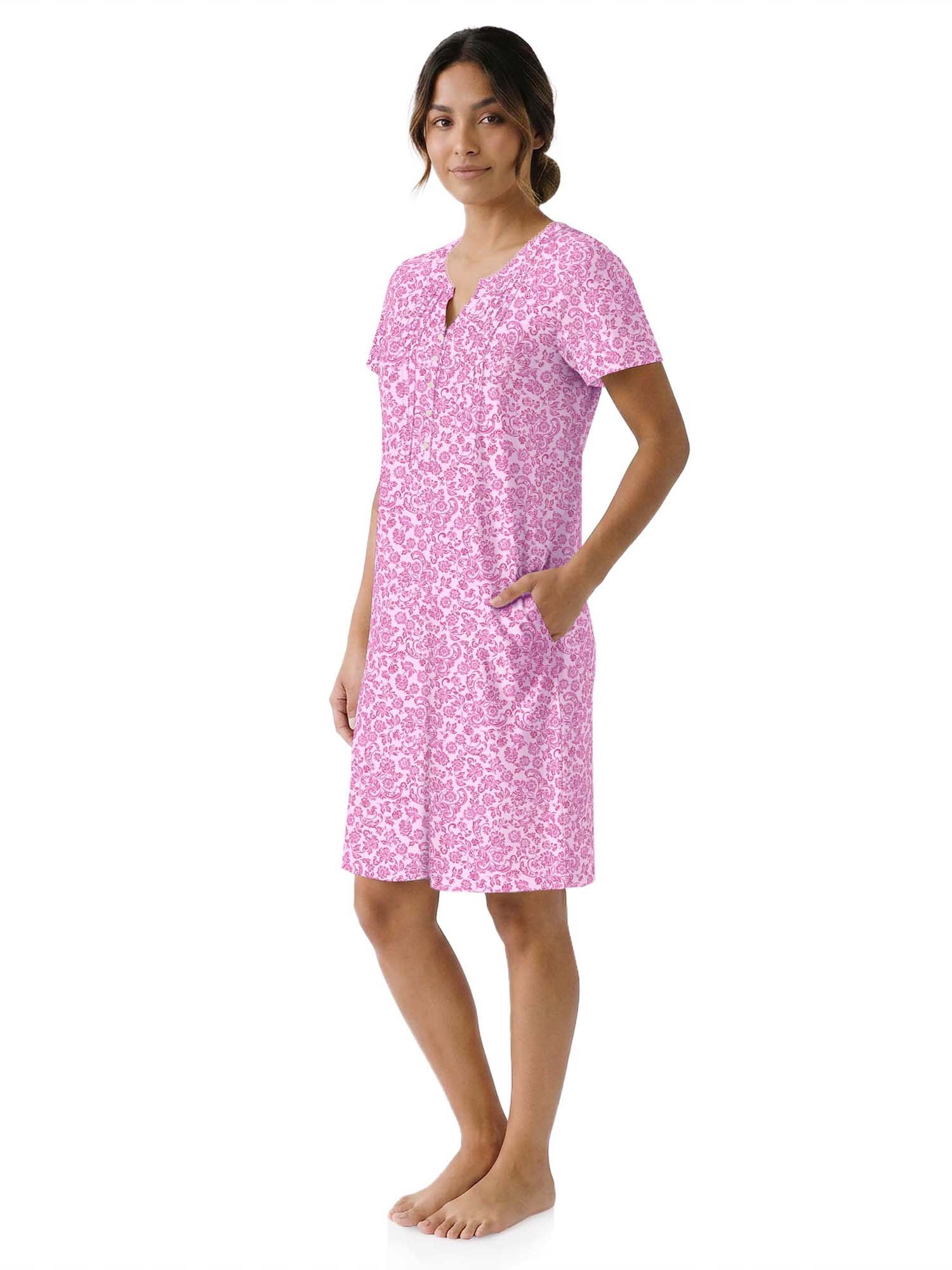 Aria Women’s Short Sleeve Split Neck Sweater Knit Nightgown, Sizes XS-5X