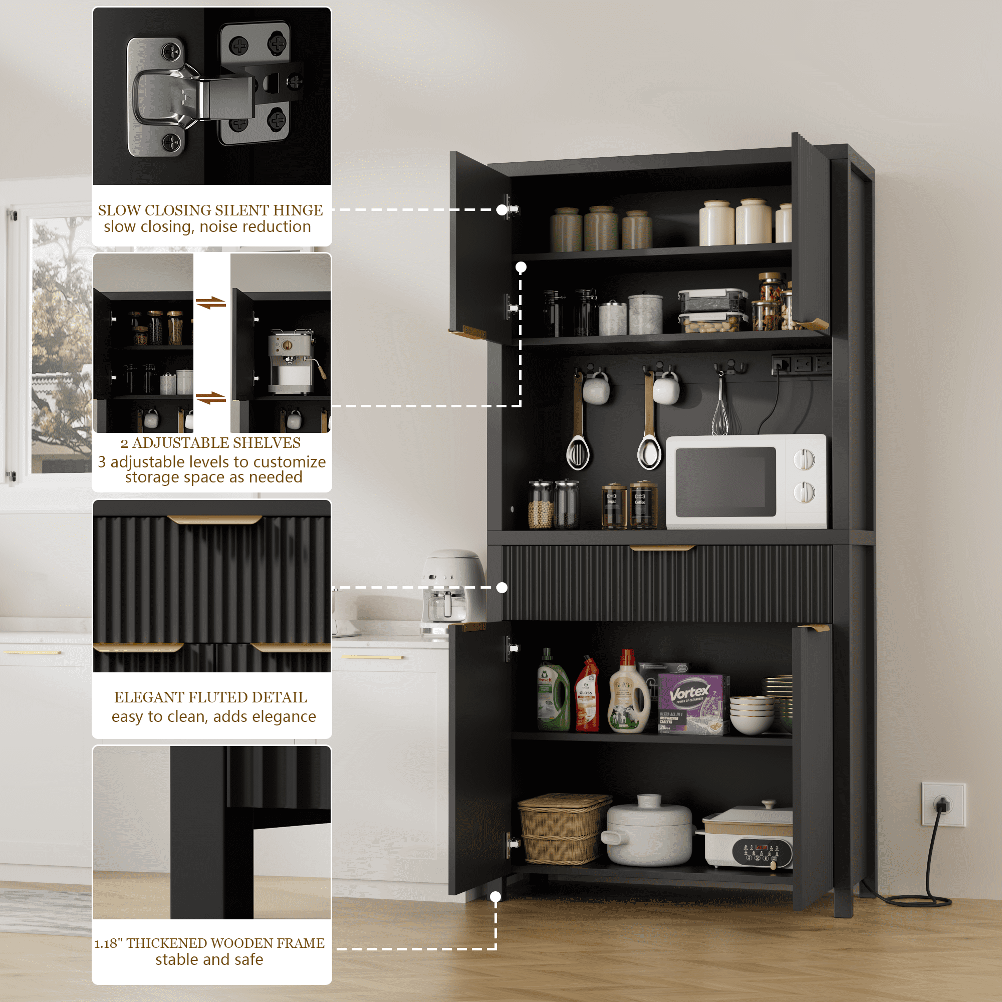 Aufeile Fluted Kitchen Pantry Storage Cabinet, 71" Tall Wood Pantry Hutch with 2 Adjustable Shelves & Drawer & Charging Station for Dining Room Hallway Living Room, Black