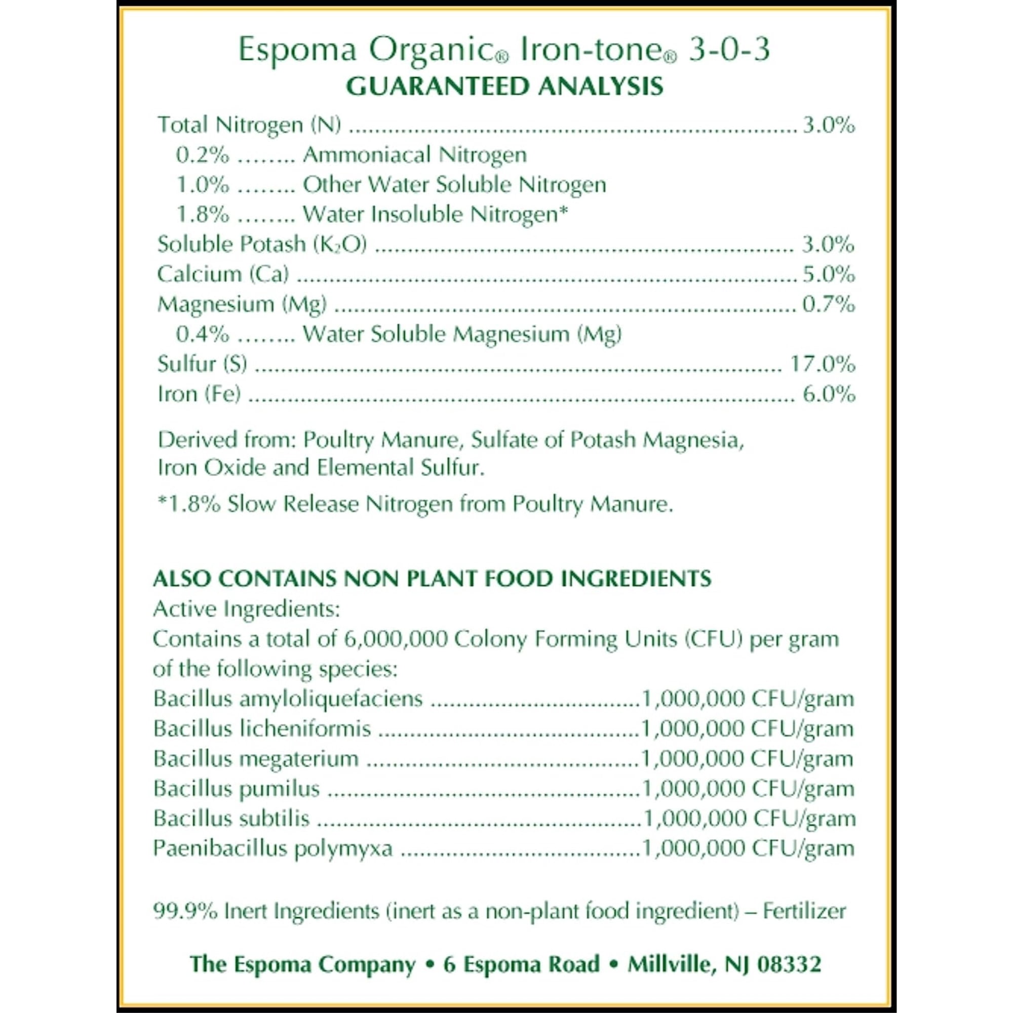 Espoma Organic Iron-tone 3-0-3 Plant Food for Organic Gardening, Lowers Soil pH for a Greener Lawn and Garden, Non-Staining, 5lb (Pack of 2)
