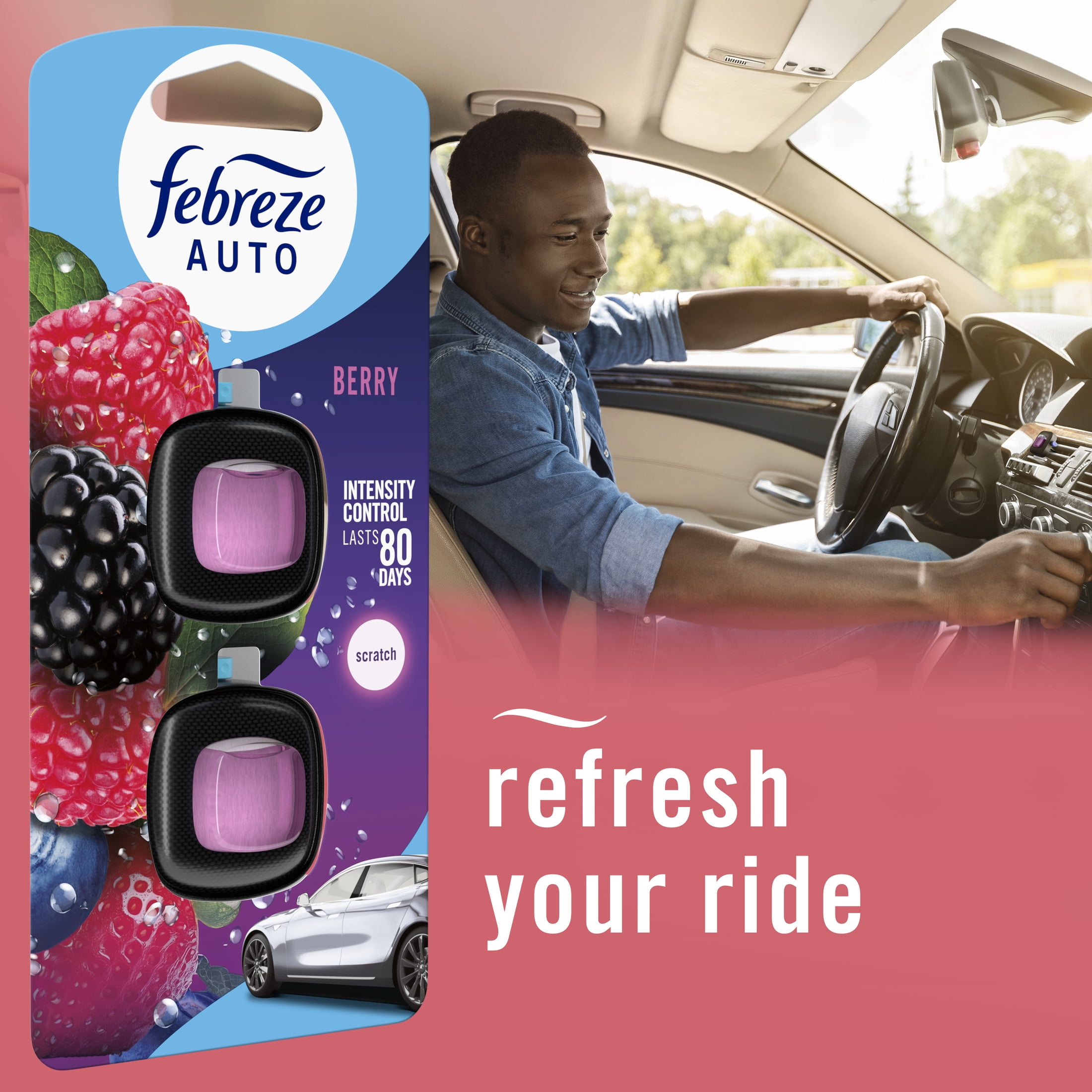 (2 pack) Febreze AUTO Car Air Freshener, Odor-Fighting Car Vent Clip, Berry, 2 Count