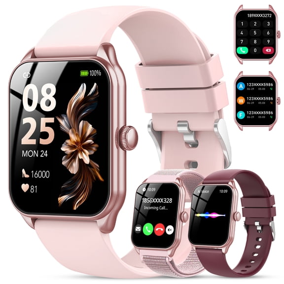 IKT Smart Watch Fits for Android and IPhone (3 Bands), Smartwatch for Women with AI Voice, 1.83" HD Fitness Tracker Watch, Bluetooth Calls/Messages, 120 Sports Mode, IP68 Waterproof, for Gift Pink
