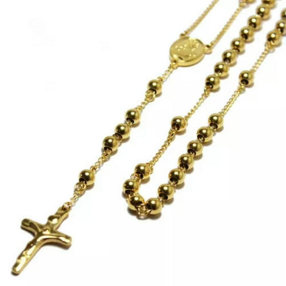 Womens Jewelry Stainless Steel 4mm Gold Round Bead Rosary Necklace Chain 24“ 5”