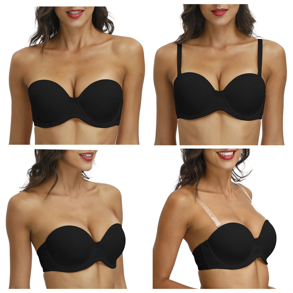 YANDW Strapless Convertible Multiway Comfort Supportive Underwire Plus Size  Bra with Clear Straps Black,38D 