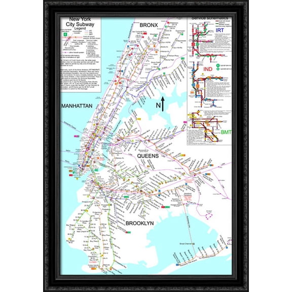 New York City Subway Map 28x40 Large Black Ornate Wood Framed Canvas Art