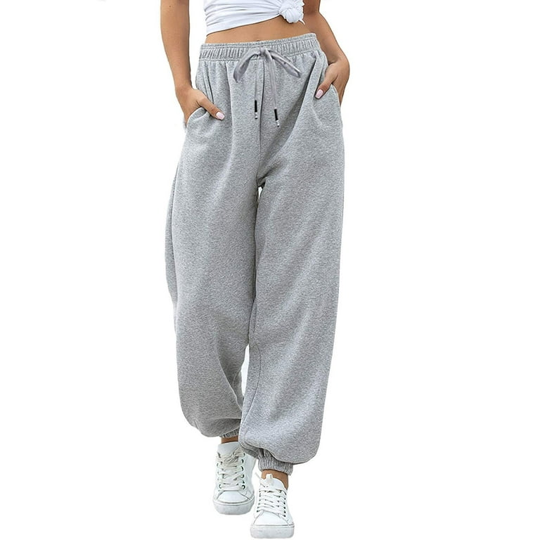 Womens Elastic High Waist Sweatpants Baggy Pockets Drawstring Solid Color  Casual Sweat Pants Loose Workout Joggers