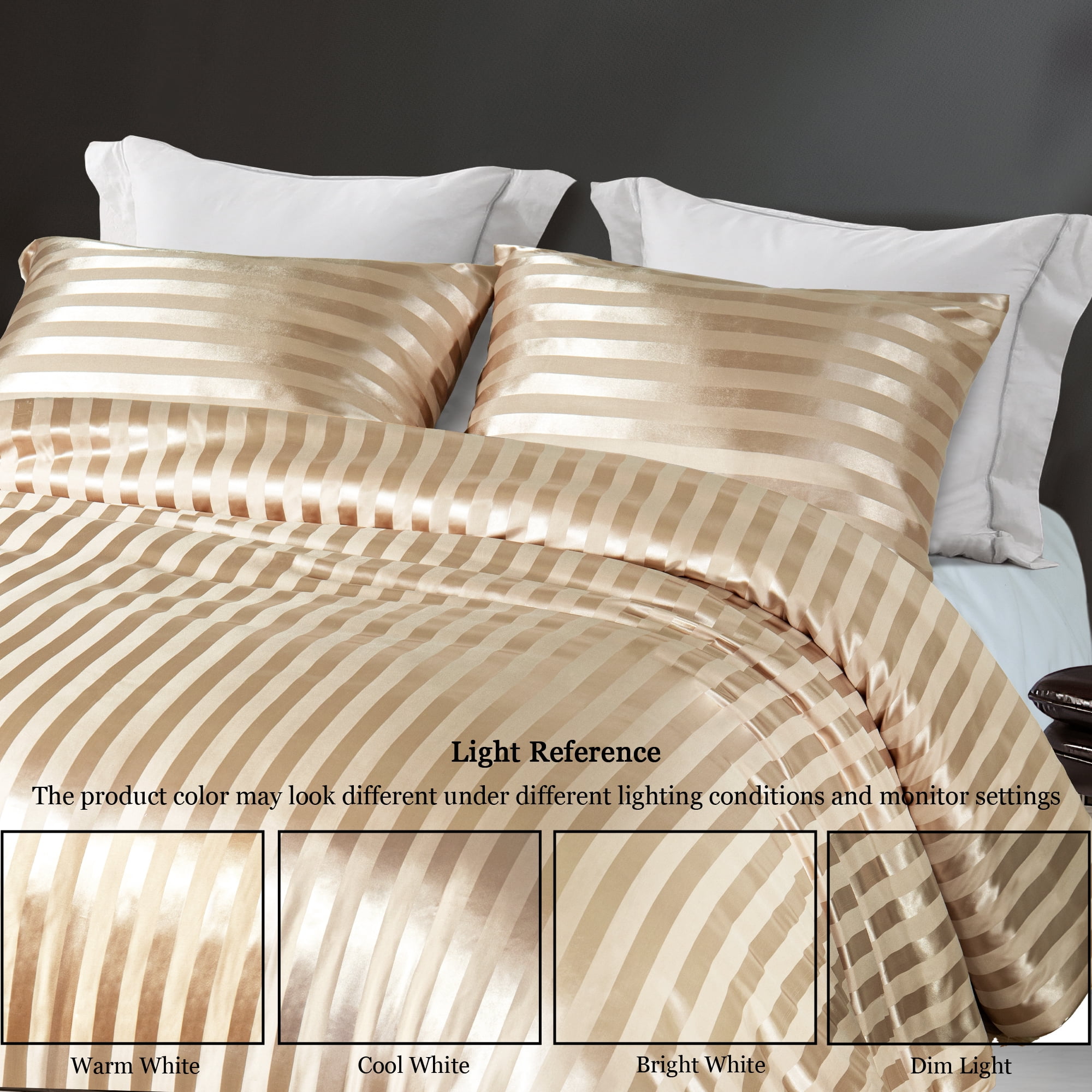 Whale Flotilla 3-Piece Luxury Stripe Satin King Size Comforter Set, Reversible Silky Soft Bedding Set with 2 Pillowcases, Lightweight All-Season Comforter, Champagne