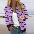 thumbnail image 2 of Chaqueta bomber con estampado de murciélago rosa para mujer, abrigo informal ligero con cremallera, puños y dobladillo acanalados, 2 of 5