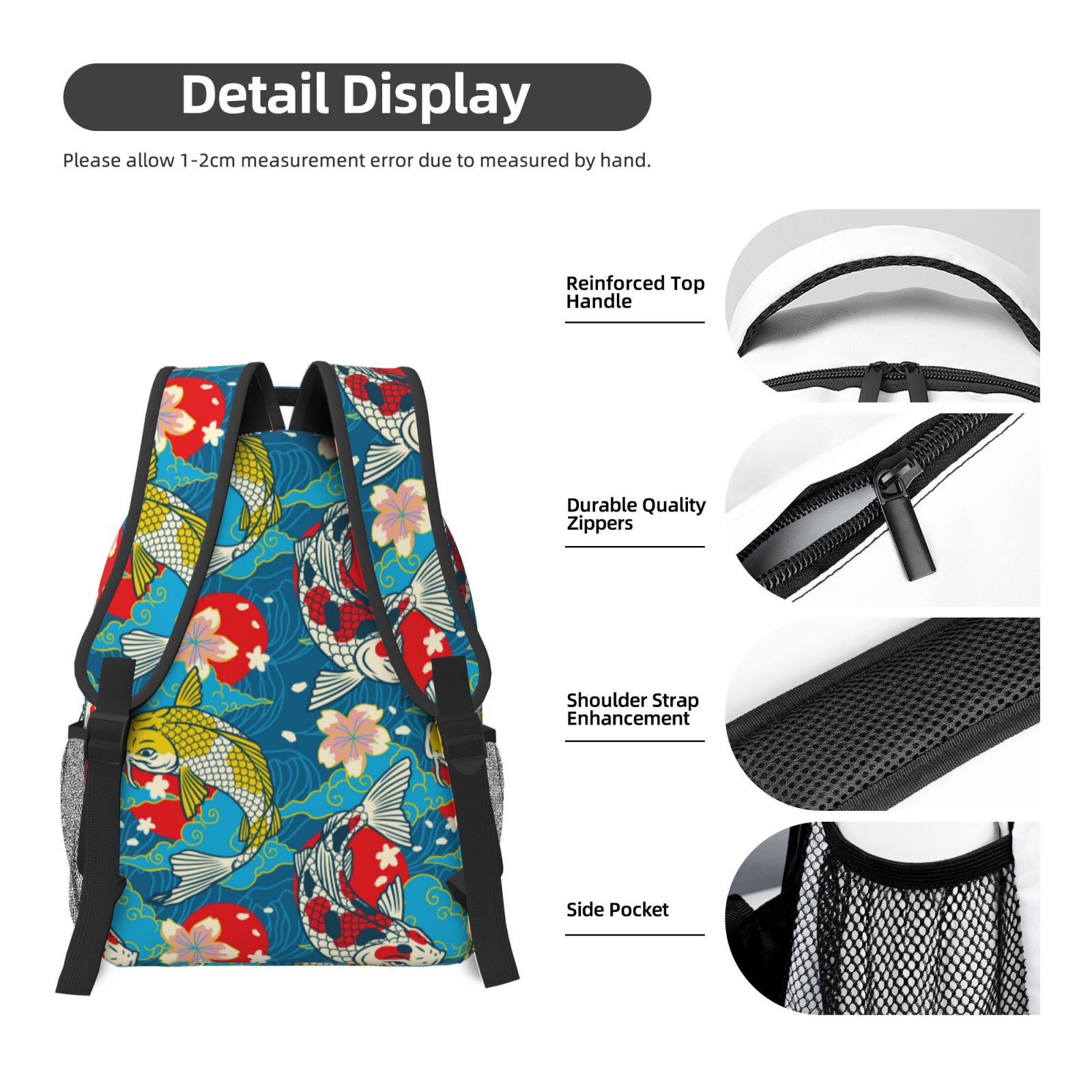 Rateoe Japanese Koi Pattern Durable Student Backpack Laptop Bag- Ergonomic Design, Waterproof Twill Fabric - Ideal for School, Travel, and Outdoor Activities