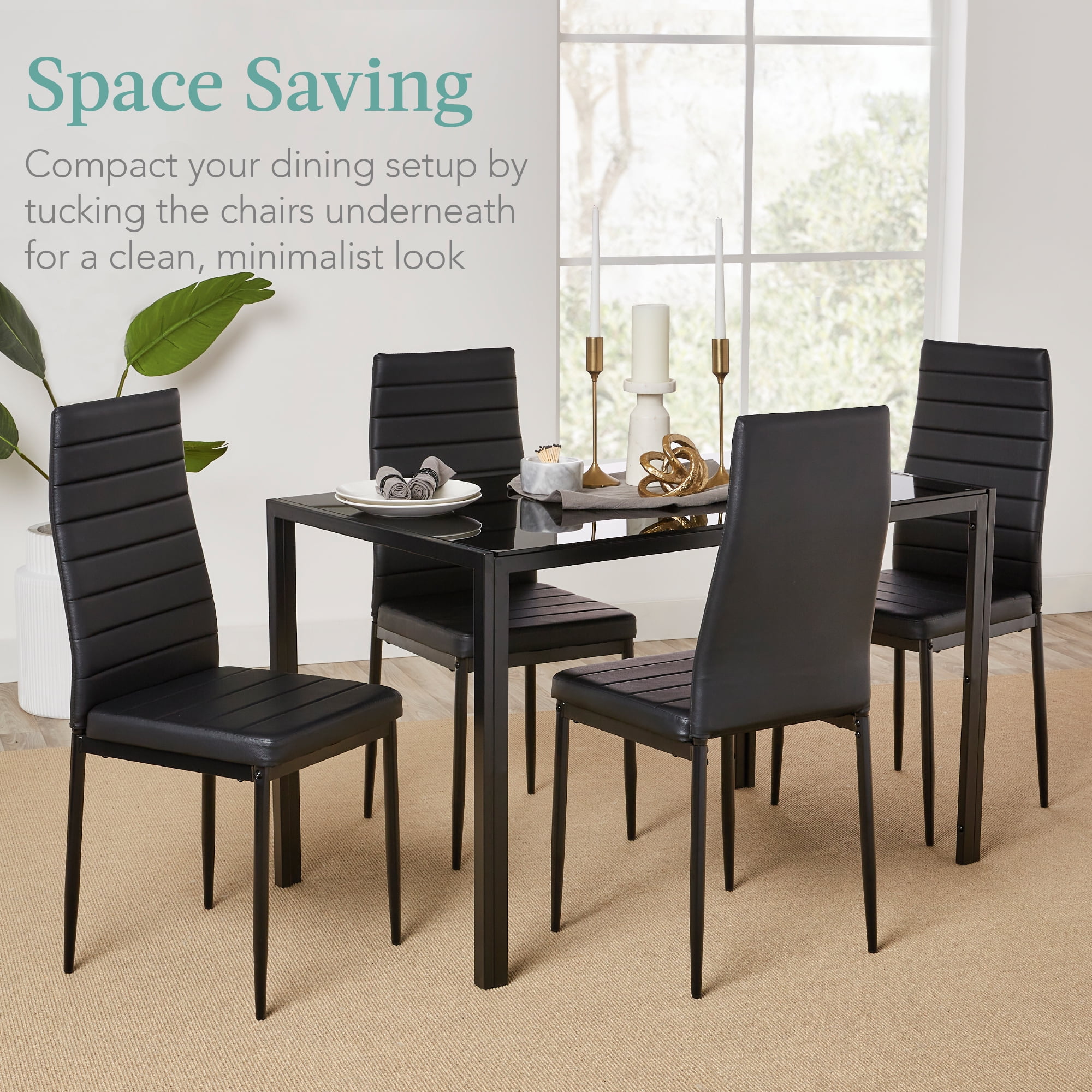 Best Choice Products 5-Piece Kitchen Dining Table Set w/ Glass Tabletop, 4 Faux Leather Chairs - Black