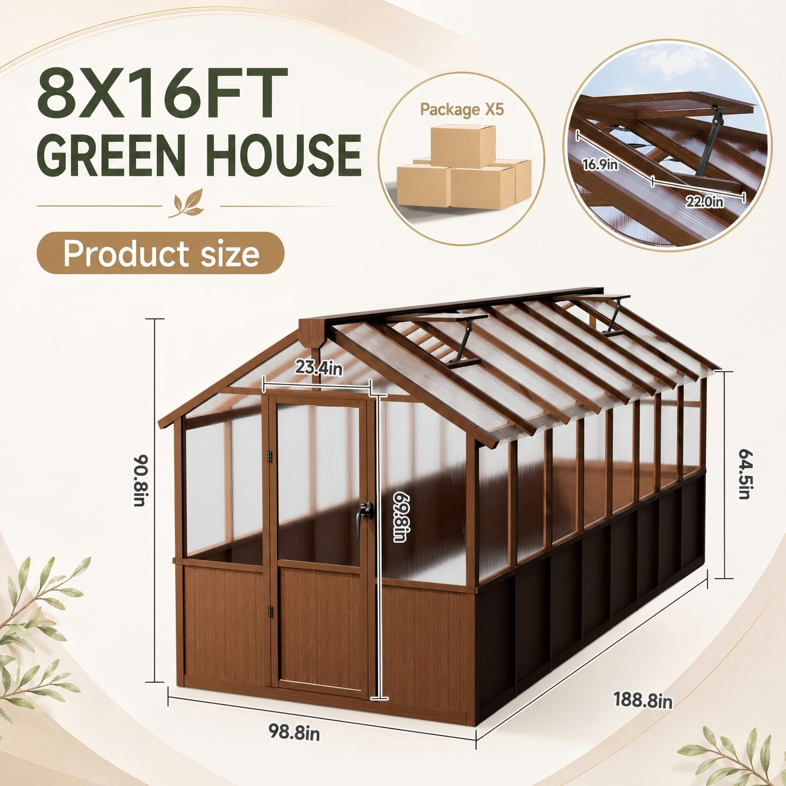 PABIMIA 8 ft. x 16 ft. Wood Greenhouse, Outdoor Walk-in Greenhouse Kit with Polycarbonate Panels and Adjustable Roof Vent