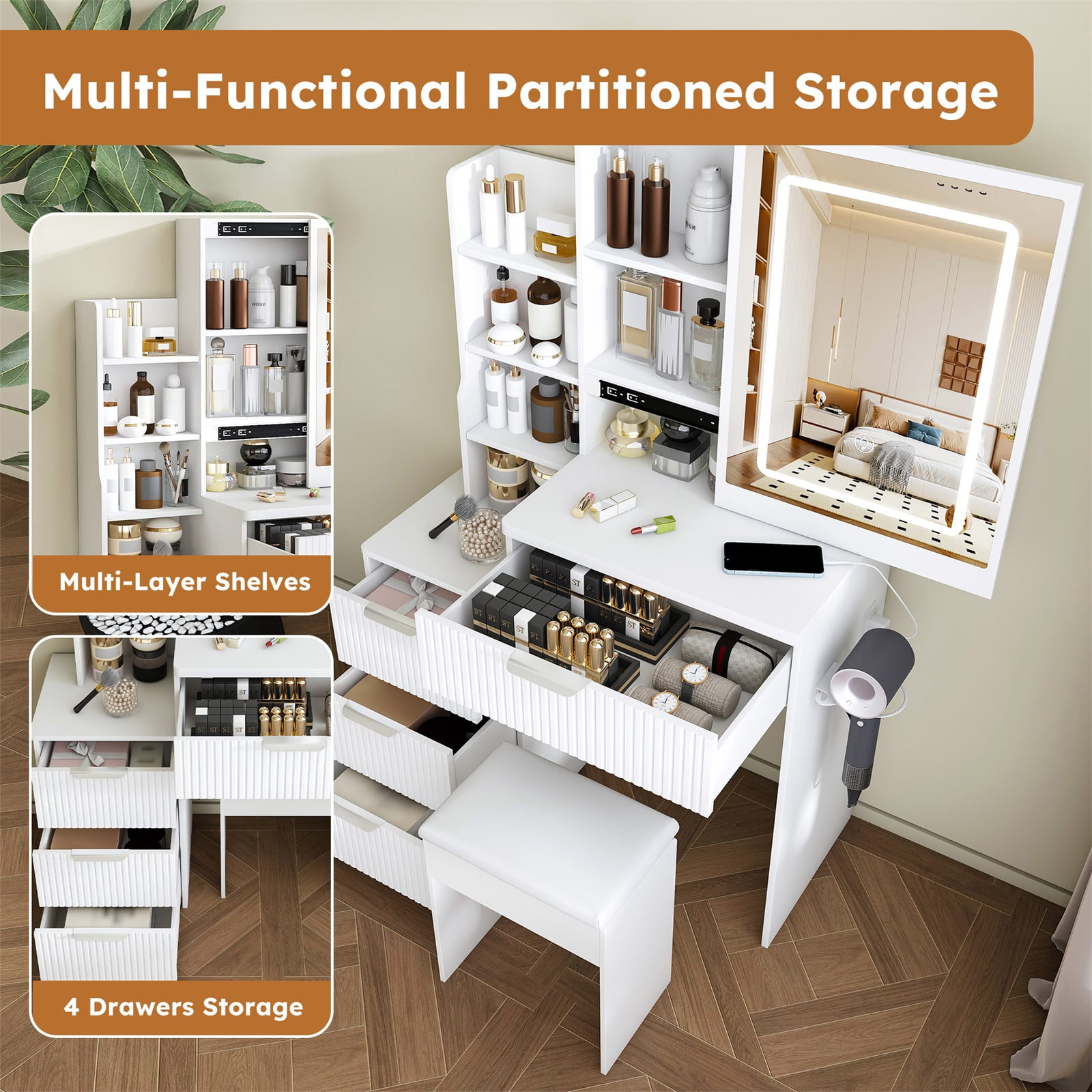 Hommoo Modern Fluted Vanity Desk Set, Makeup Vanity Dressing Table with Adjustable Brightness LED Lighted Mirror, 4-Drawer and Storage Shelves, Hair Dryer Holder and Power Socket, and Stool, White