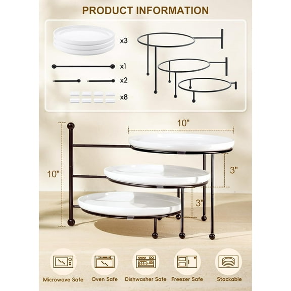 3 Tiered Serving Stand with White Porcelain Plates, 10" Round Tray for Dessert, Fruit, Cookies