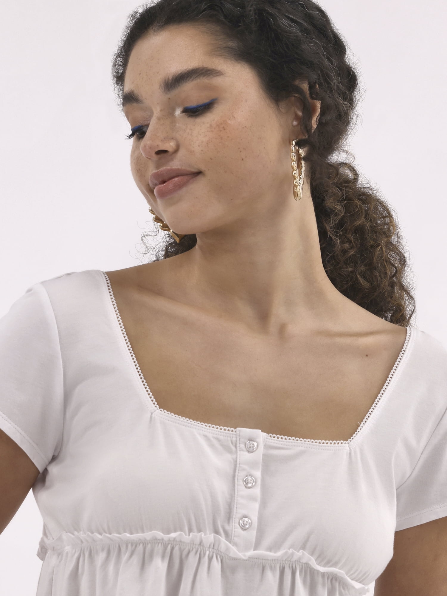 No Boundaries Babydoll Top with Short Sleeves, Women's