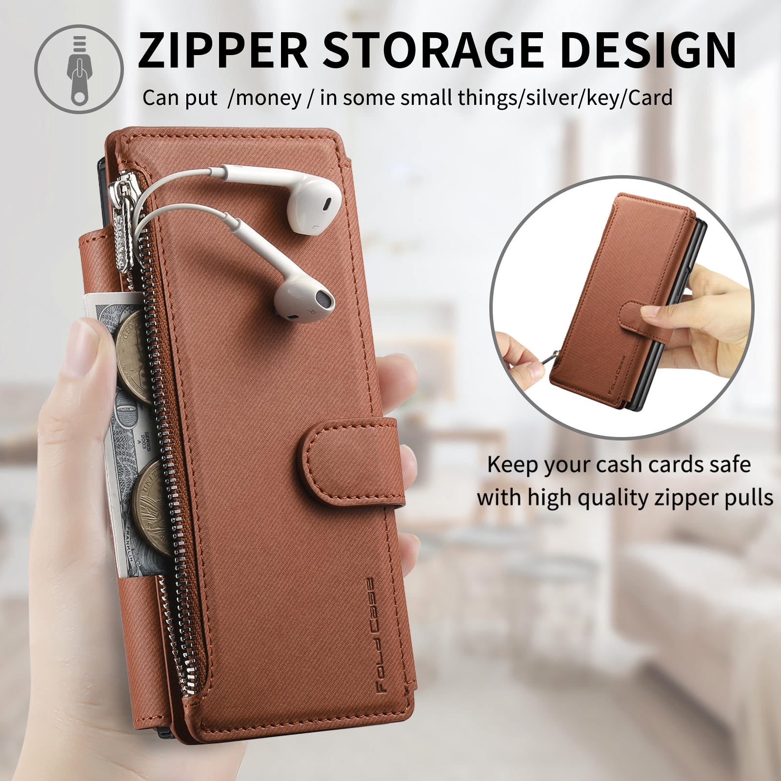 For Samsung Galaxy Z Fold 6 Phone Case,2-in-1 Magnetic Detachable Flip,Flip Folding Kickstand,With Card Slots,Zipper Pocket,Ring Holder,Fit Wireless charging,Shockproof Phone Case,Brown