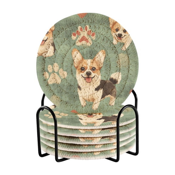 Happy Dog Cute Drink Coasters with Holder Absorbent Coaster for Coffee Table Room Decor 6 Pack