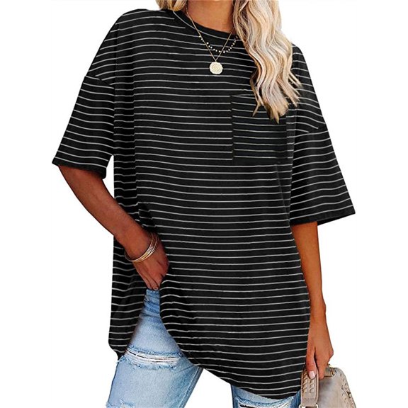 Langwyqu Womens Oversized Tees Half Sleeve Color Block Loose T Shirts