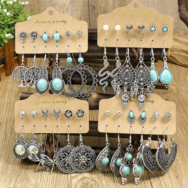 Boho Drop Dangle Earrings Stud Earrings Set For Women Girls Lovers Vintage Style Hollow Heart Shaped Tassels Leaf Feather Turquoise Jewelry For Gifts