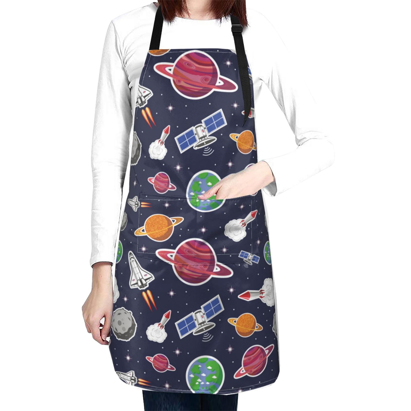 Kdxio Rocket Satellite Apron with Pockets Adjustable Kitchen Aprons for Men Women Waterproof Aprons for Cooking,Drawing,Crafting, Baking Household Cleaning